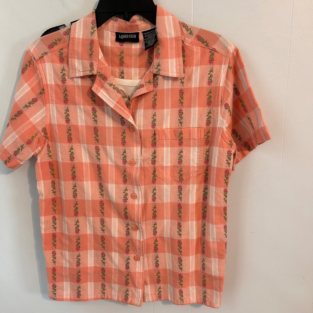 Ladies Club Peach Plaid Floral Button Down Shirt Layered Short Sleeve Medium